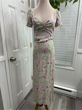 Zara Green Floral Maxi Dress with Pink Accents